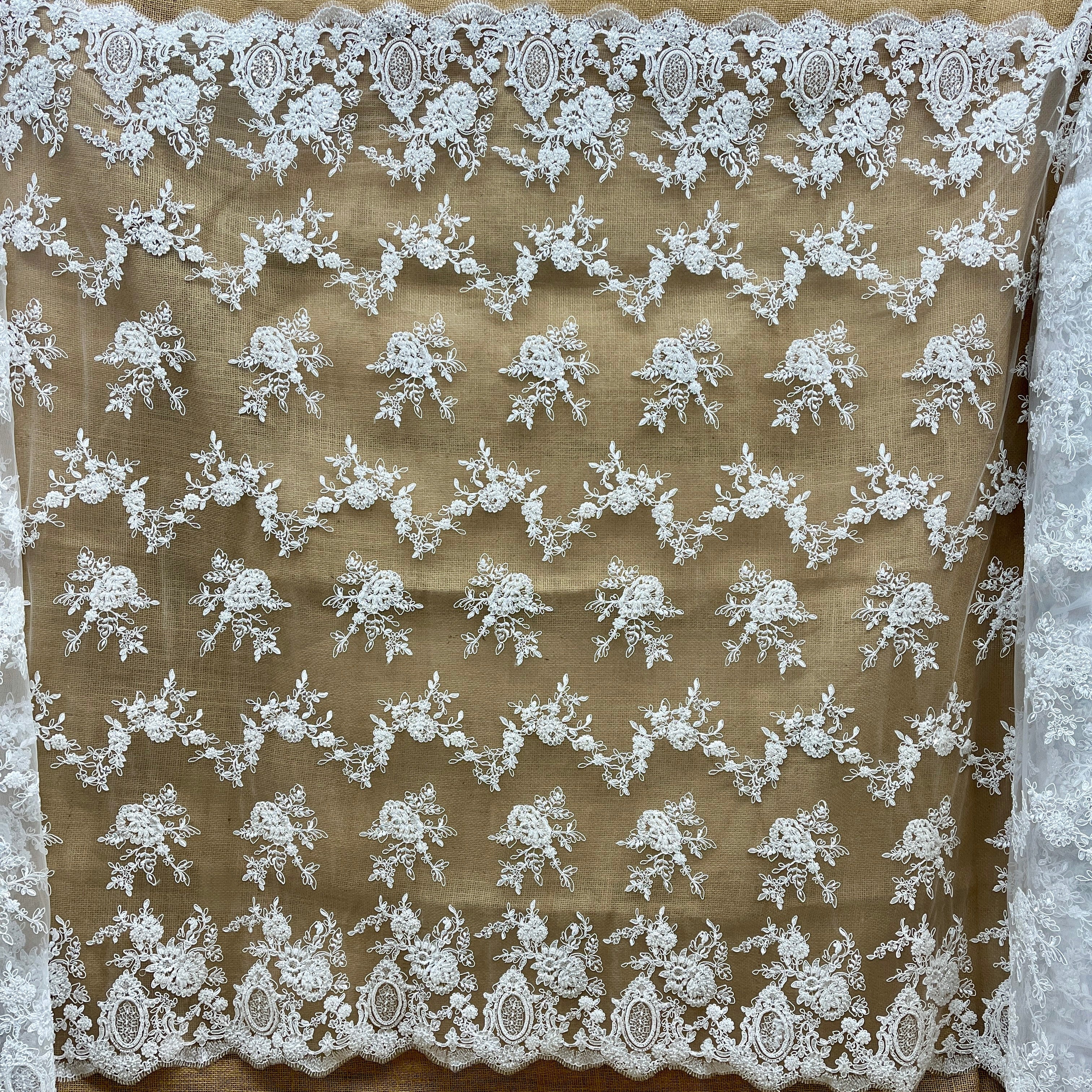 Beaded & Corded Bridal Lace Fabric Embroidered on 100% Polyester Net Mesh | Lace USA - 96788W-HB-3