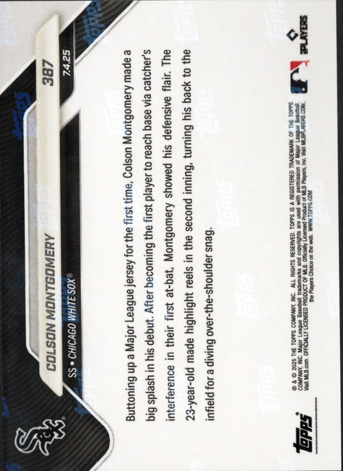 2025 Topps Now Colson Montgomery #387 Black Foil /10 Chicago White Sox Rookie RC Baseball Card