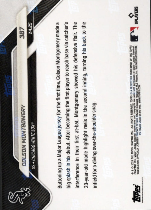 2025 Topps Now Colson Montgomery #387 Orange Foil /25 Chicago White Sox Rookie RC Baseball Card