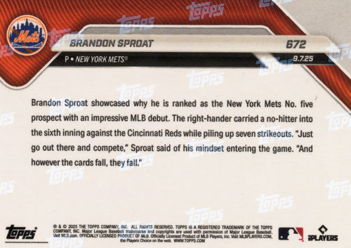 2025 Topps Now Brandon Sproat #672 Gold Foil /50 New York Mets Rookie RC Baseball Card