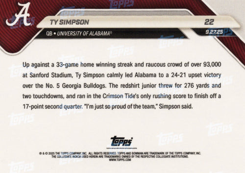 2025 Topps Bowman U Now Ty Simpson #22 Gold Foil /50 Alabama Crimson Tide Rookie RC Football Card