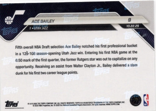 2025 Topps Now Ace Bailey #9 Green Foil /99 Utah Jazz Rookie RC Basketball Card