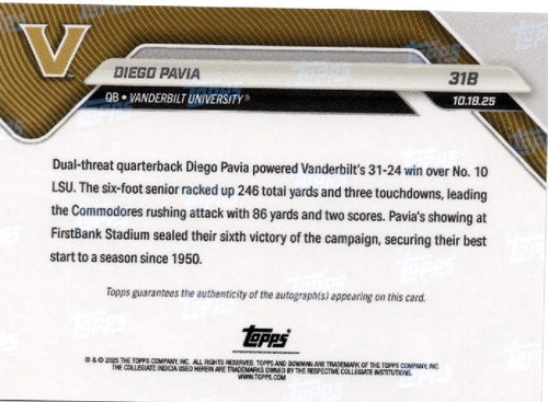 2025 Topps Bowman U Now Diego Pavia #31B Red Auto /5 Vanderbilt Commodores Rookie RC Football Card