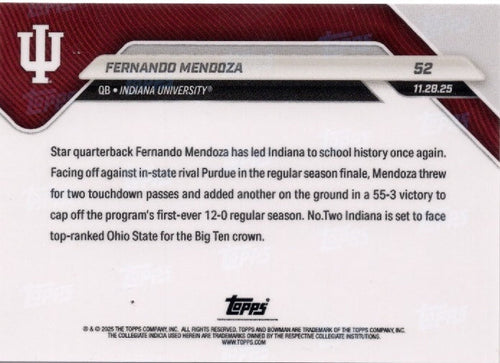2025 Topps Bowman U Now Fernando Mendoza #52 FoilFractor 1/1 Indiana Hoosiers Rookie RC Football Card