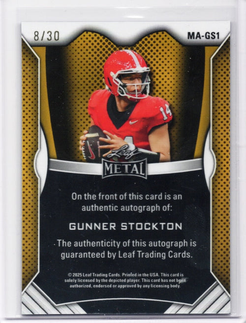 2025 Leaf Metal Gunner Stockton #MAGS1 Blue Shimmer Auto /30 Georgia Bulldogs Rookie RC Football Card
