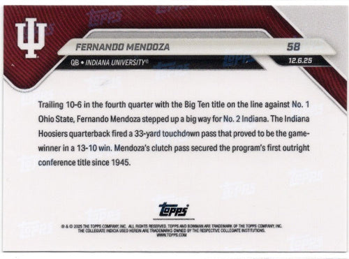 2025 Topps Bowman U Now Fernando Mendoza #58 Orange Foil /25 Indiana Hoosiers Rookie RC Football Card