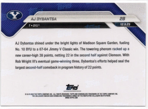 2025 Topps Bowman U Now AJ Dybantsa #28 Orange Foil /25 BYU Cougars Rookie RC Basketball Card