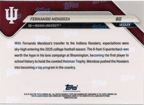 2025 Topps Bowman U Now Fernando Mendoza #60 Gold Foil /50 Indiana Hoosiers Rookie RC Football Card