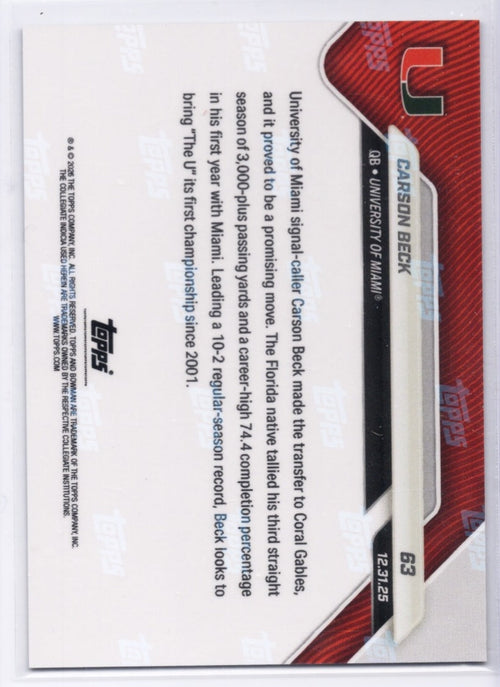 2025 Topps Bowman U Now Carson Beck #63 Gold Foil /50 Miami Hurricanes Rookie RC Football Card