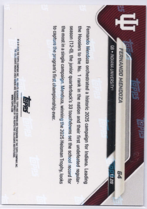 2025 Topps Bowman U Now Fernando Mendoza #64 Black Foil /10 Indiana Hoosiers Rookie RC Football Card