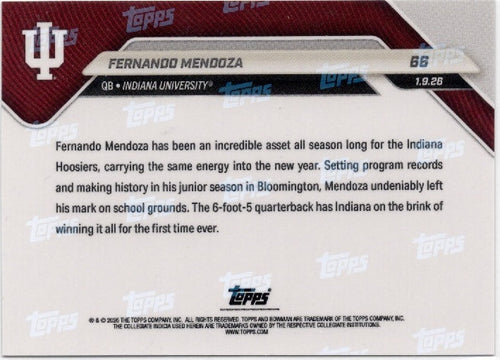 2025 Topps Bowman U Now Fernando Mendoza #66 Gold Foil /50 Indiana Hoosiers Rookie RC Football Card