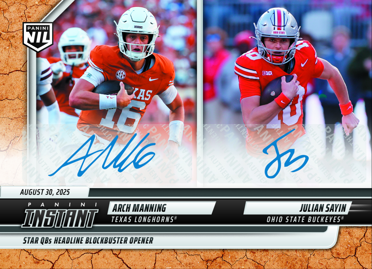 2025 Panini Instant Arch Manning/Julian Sayin #AMJSA Earth Auto /25 Rookie RC Football Card
