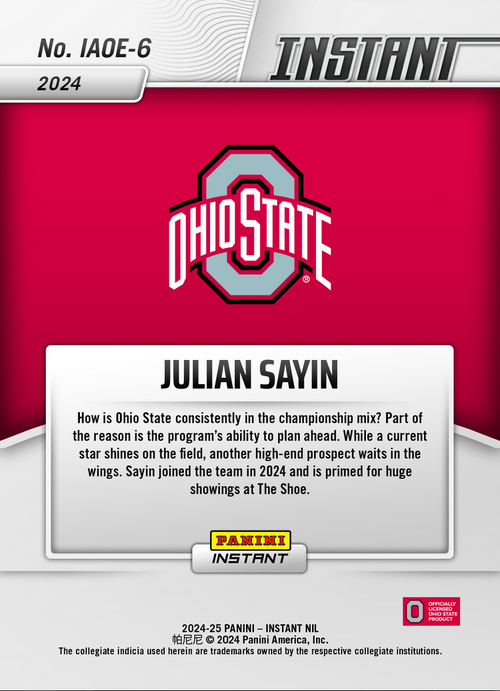 2024 Panini Instant Julian Sayin #IAOE6 Ohio State Buckeyes Rookie RC Football Card