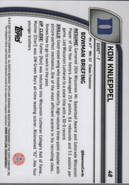 2025 Topps Bowman Chrome U Kon Knueppel #48 Auto Duke Blue Devils Rookie RC Basketball Card