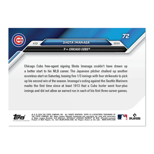 2024 Topps Now Shota Imanaga #72 Rookie RC Baseball Card
