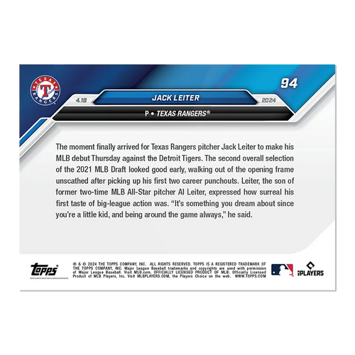 2024 Topps Now Jack Leiter #94 Rookie RC Baseball Card