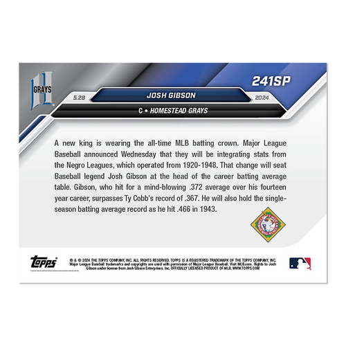 2024 Topps Now Josh Gibson #241SP #/372 Baseball Card