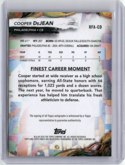 2024 Topps Finest Cooper DeJean #RFA-CD Auto Rookie RC Football Card