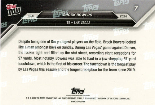 2024 Topps Now Brock Bowers #7 Purple #/25 Las Vegas Raiders Rookie RC Football Card