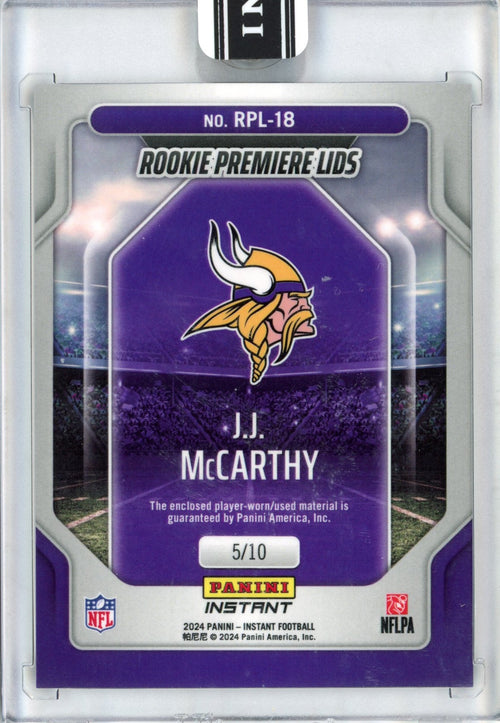 2024 Panini Instant JJ McCarthy #RPL-18 Rookie Premiere Lids /10 Rookie RC Football Card