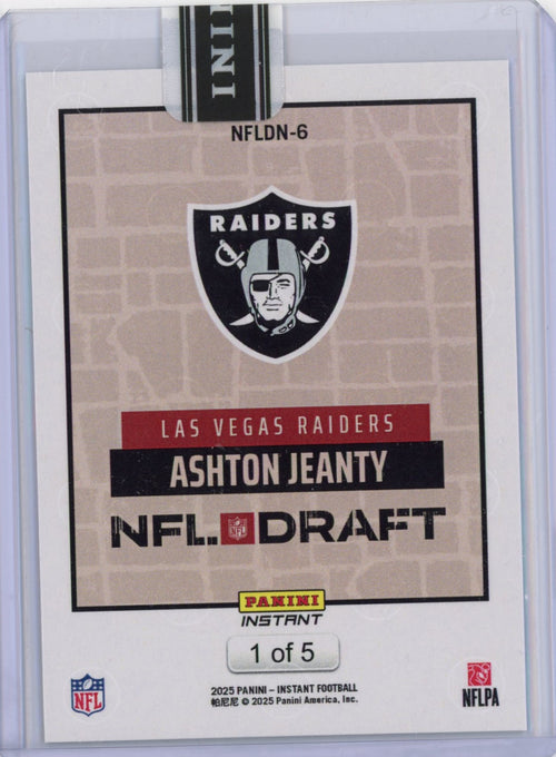 2025 Panini Instant NFL Ashton Jeanty #DN6 Draft Night Green /5 Las Vegas Raiders Rookie RC Football Card
