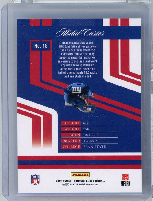 2025 Panini Donruss Elite Silver Abdul Carter #18 /299 New York Giants Rookie RC Football Card