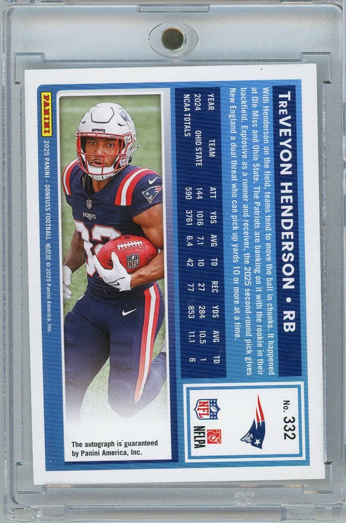 2025 Panini Donruss TreVeyon Henderson #332 /199 Auto New England Patriots Rookie RC Football Card