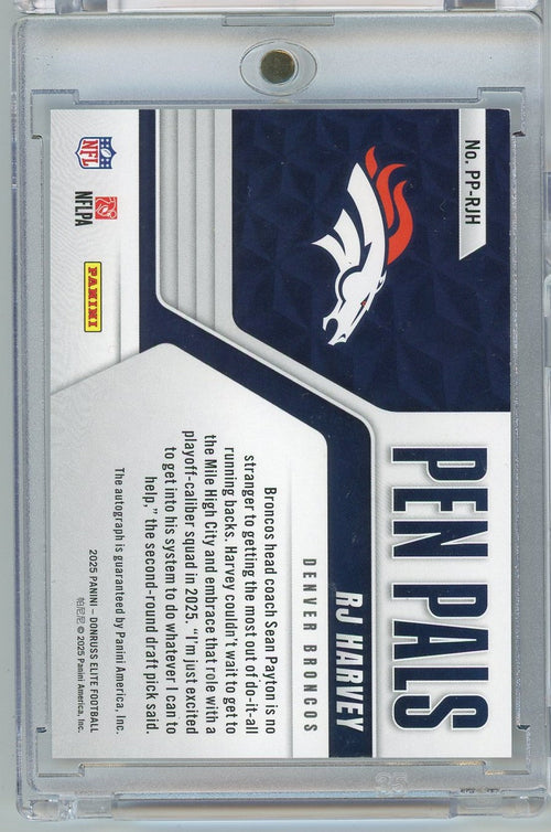 2025 Donruss Elite Pen Pals RJ Harvey #PPRJH Auto Rookie RC Football Card