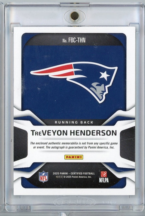 2025 Panini Certified Freshman Fabric TreVeyon Henderson #FBCTHN /20 Relic Auto New England Patriots Rookie RC Football Card