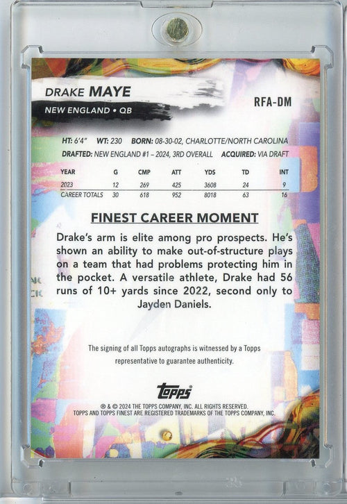 2024 Topps Finest Drake Maye #RFA-DM Auto New England Patriots Rookie RC Football Card
