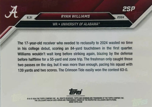 2024 Topps Bowman U Now Ryan Williams #2SP Alabama Crimson Rookie RC Football Card