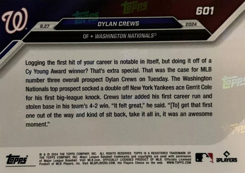2024 Topps Now Dylan Crews #601 Blue #/49 Washington Nationals Rookie RC Baseball Card
